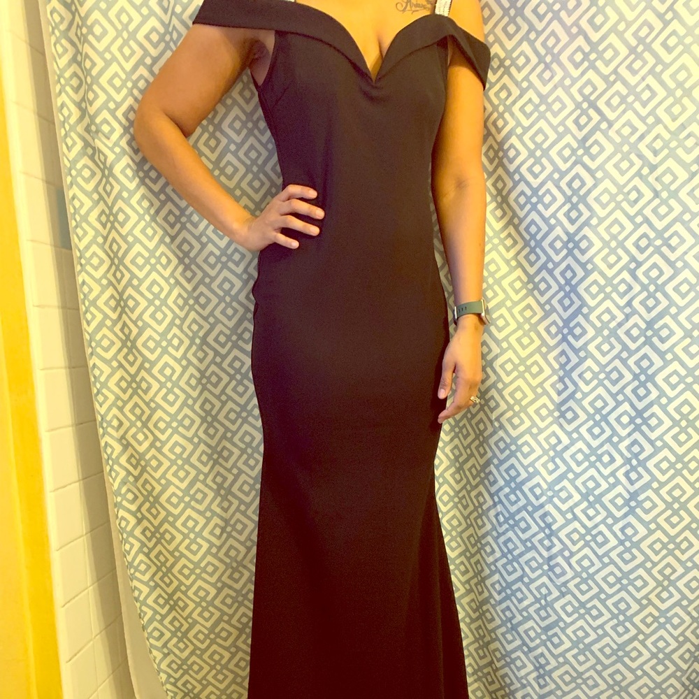 Formal off shoulder dress w/ rhinestone strap